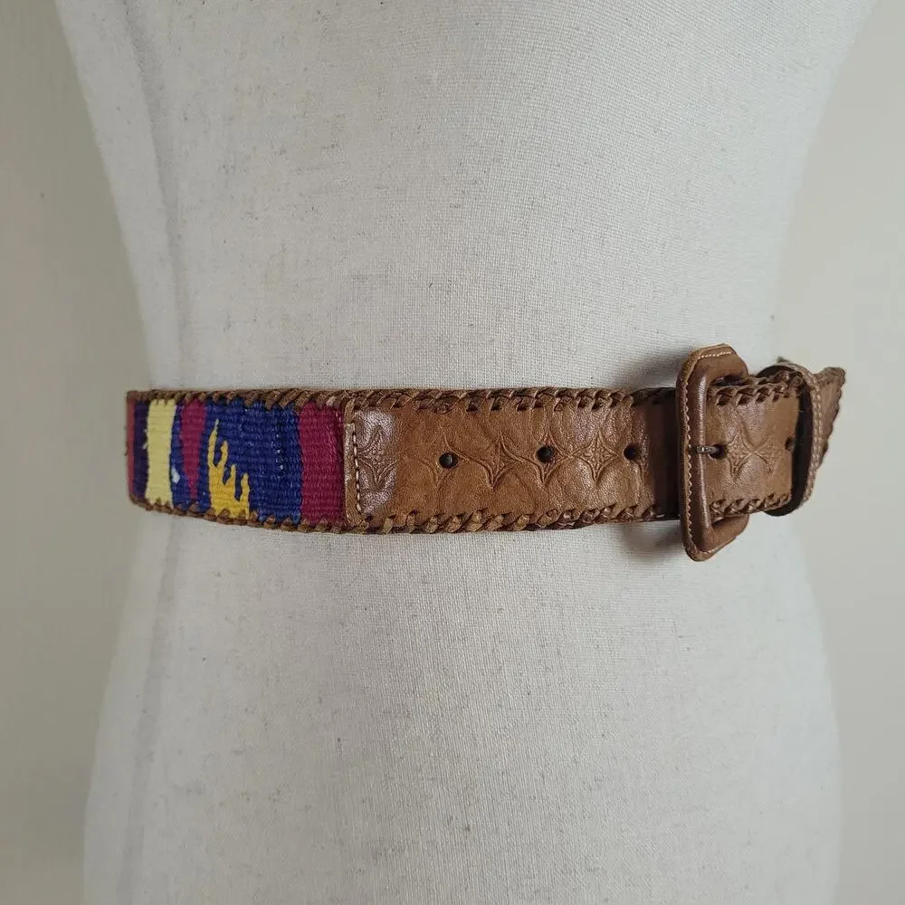 Brown Leather Belt Med Braided Woven Multicolor Stripe Artisan Ethnic Whipstitch